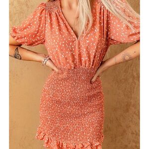 NWOT Abercrombie Smocked Waist Mini Dress Shirt Sleeve Coral Pink XS